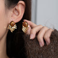 Vintage Hong Kong Style Tiger Eye Stone Rhombus Gold Sequin Tassel Alloy Luxury Stud Earrings view 1