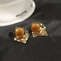 Vintage Hong Kong Style Tiger Eye Stone Rhombus Gold Sequin Tassel Alloy Luxury Stud Earrings view 2