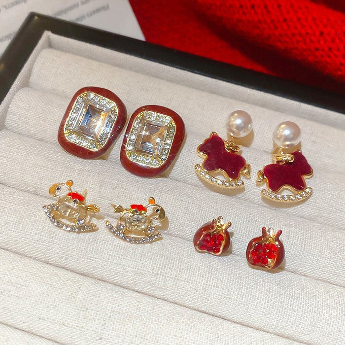 Alloy Rhinestone Enamel Geometric Square Horse Stud Earrings Light Luxury Red Jewelry For Women