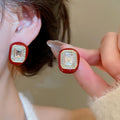 Alloy Rhinestone Enamel Geometric Square Horse Stud Earrings Light Luxury Red Jewelry For Women view 4