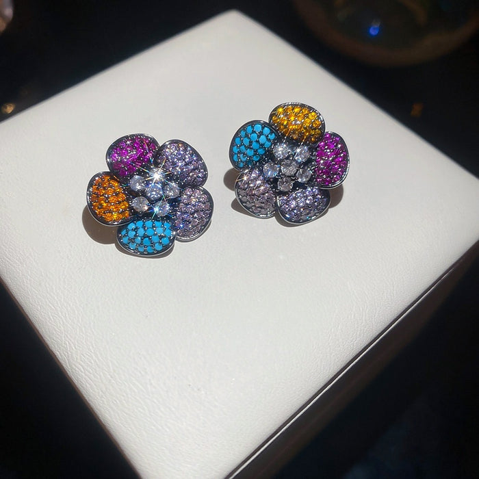 Korean Light Luxury Colorful Zircon Flower Stud Earrings With Silver Pins For Women