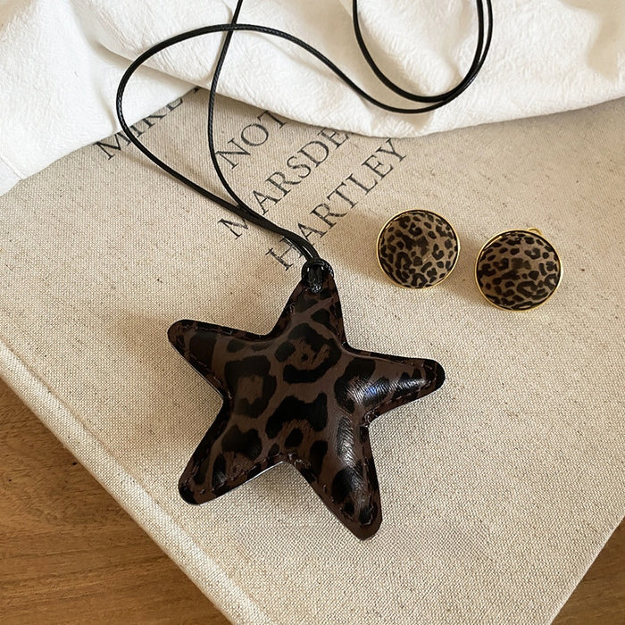 Vintage Maillard Leather Leopard Print Star Pendant Necklace Earrings Jewelry Set