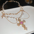 Vintage Court Style Faux Pearl Heart Cross Rhinestone Choker Necklace For Women view 2