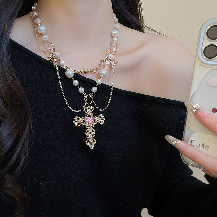 Vintage Court Style Faux Pearl Heart Cross Rhinestone Choker Necklace For Women