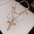 Vintage Court Style Faux Pearl Heart Cross Rhinestone Choker Necklace For Women view 4