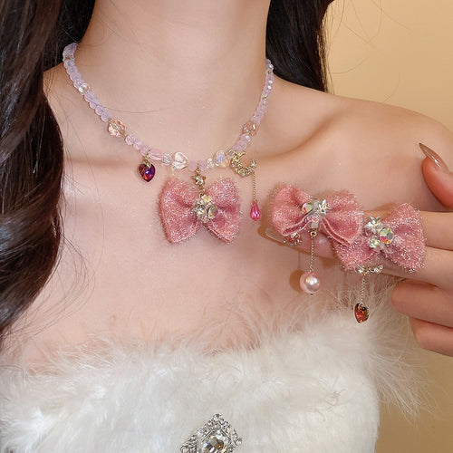 Korean Sweet Fabric Bow Glass Pearl Necklace And Stud Earrings Jewelry Set