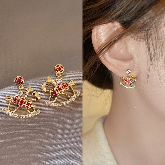 18K Gold Plated Copper Zircon Horse Stud Earrings Light Luxury Animal Zodiac Jewelry