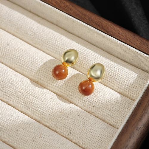 Light Luxury Vintage Alloy Smooth Oval Tiger Eye Stone Bead Two Way Women's Stud Drop Earrings