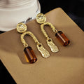 Vintage Gold Alloy Hammered Round Stud Amber Acrylic Cylinder Tassel Drop Luxury Statement Earrings view 2