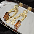 Vintage Gold Alloy Hammered Round Stud Amber Acrylic Cylinder Tassel Drop Luxury Statement Earrings view 3