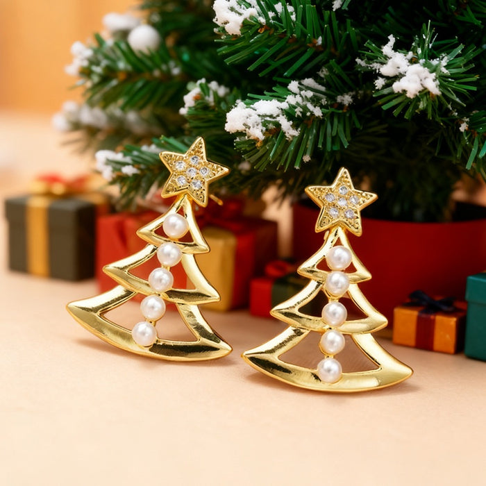 Elegant Christmas Tree Stud Earrings For Women With Metal Hollow Design And Tiny Rice Pearl Accents
