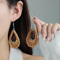 Vintage Ethnic Rattan Woven Teardrop Turquoise Bead Alloy Hook Bohemian Beach Vacation Statement Earrings view 1