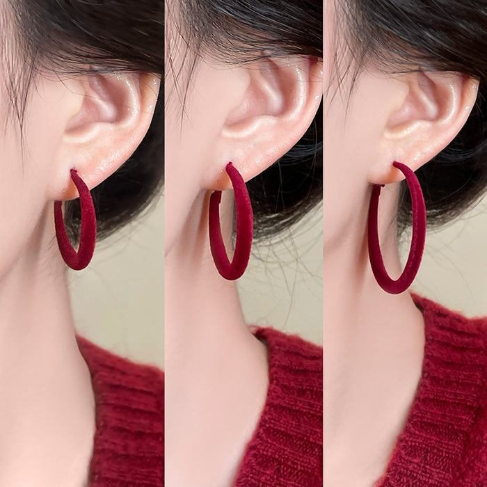 Red Flocked Geometric Hoop Earrings, Retro Hong Kong Style Light Luxury OL Jewelry