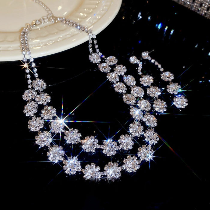 Copper Rhinestone Double Layer Round Flower Stud Earrings Necklace Jewelry Set