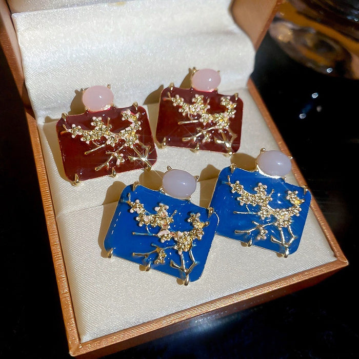 Chinese Style Alloy Square Plum Blossom Oil Drip Stud Earrings Elegant Light Luxury Jewelry