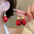 Acrylic Zircon Petal Tassel Drop Earrings Vintage OL Hong Kong Style Floral Jewelry view 1
