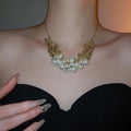 Old Money Style Faux Pearl Metal Beaded Choker Necklace For Women, Geometric Round Collarbone Design view 3