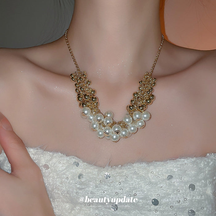 Old Money Style Faux Pearl Metal Beaded Choker Necklace For Women, Geometric Round Collarbone Design