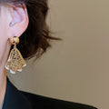 Vintage Metal Fan Shaped Hollow Pleated Drop Earrings With Silver Posts For Women view 4