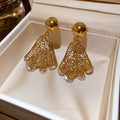 Vintage Metal Fan Shaped Hollow Pleated Drop Earrings With Silver Posts For Women view 3