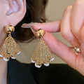 Vintage Metal Fan Shaped Hollow Pleated Drop Earrings With Silver Posts For Women view 2