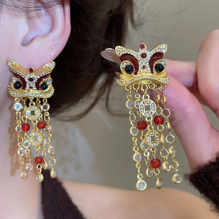 Alloy Zircon Enamel Lion Dance Coin Tassel Chinese Style Drop Earrings With Silver Posts