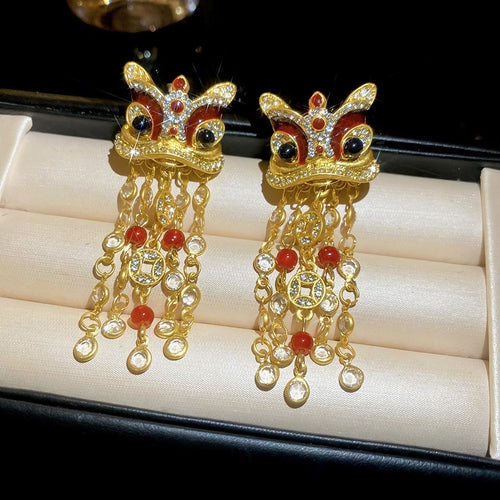 Alloy Zircon Enamel Lion Dance Coin Tassel Chinese Style Drop Earrings With Silver Posts