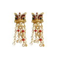 Alloy Zircon Enamel Lion Dance Coin Tassel Chinese Style Drop Earrings With Silver Posts view 5