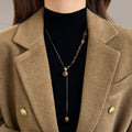 Maillard Style Stainless Steel Tiger Eye Beaded Round Pendant Sweater Necklace For Women view 3