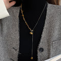 Maillard Style Stainless Steel Tiger Eye Beaded Round Pendant Sweater Necklace For Women view 1