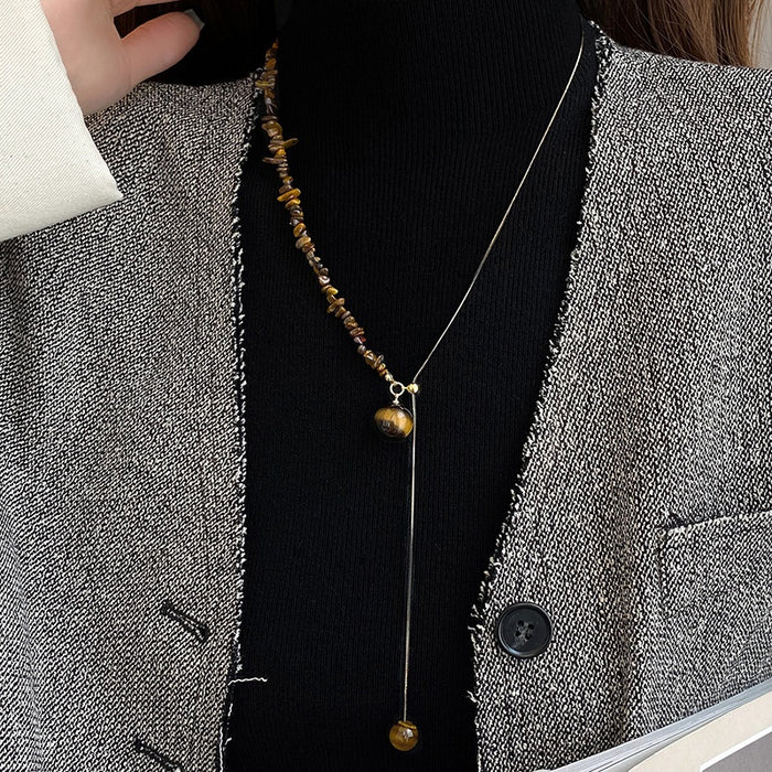 Maillard Style Stainless Steel Tiger Eye Beaded Round Pendant Sweater Necklace For Women