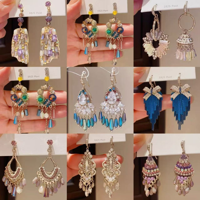 Ethnic Style Faux Pearl Crystal Tassel Drop Earrings With Geometric Line Design