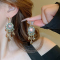 Ethnic Style Faux Pearl Crystal Tassel Drop Earrings With Geometric Line Design view 3
