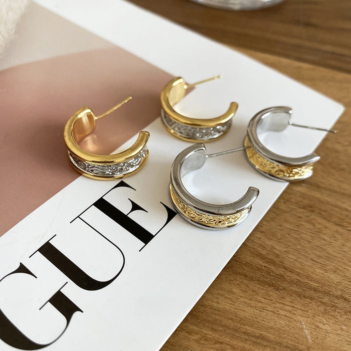 18K Gold Plated Copper Two Tone C Shaped Wrinkle Stud Earrings French Vintage Light Luxury Jewelry