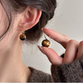 Tiger Eye Stone Round Geometric Drop Earrings With Silver Posts, Maillard Retro Light Luxury Women's Jewelry view 3