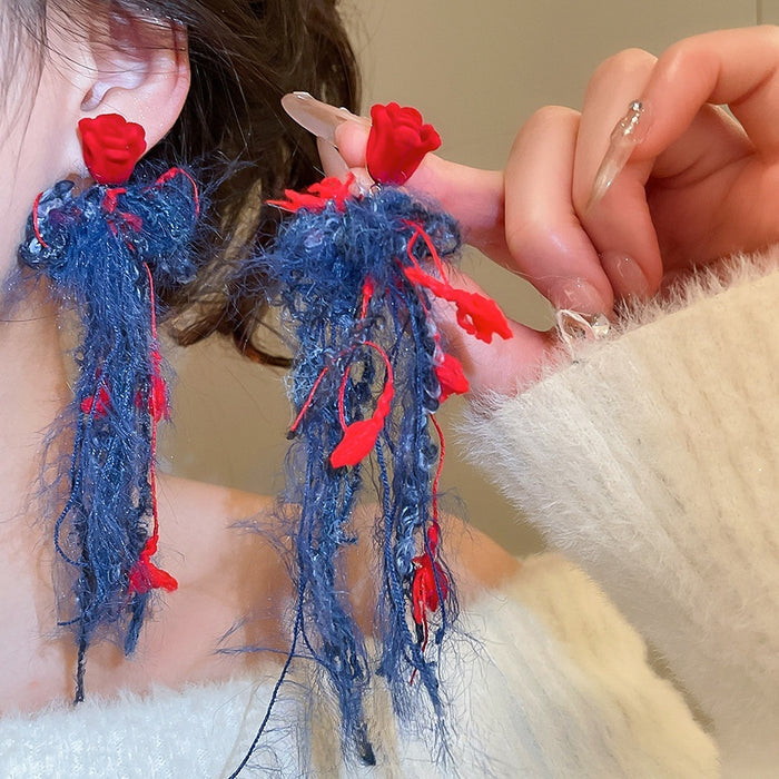 Chic Wool Yarn Resin Flower Tassel Drop Earrings With Silver Pins
