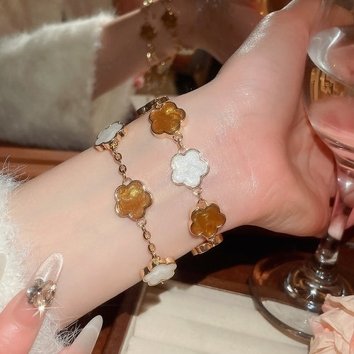 French Vintage Enamel Flower Alloy Bangle Elegant Light Luxury OL Fashion Jewelry