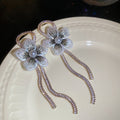 Light Luxury Flower Drop Earrings With Silver Pins, Zircon Mesh Tassels And Pearls view 2