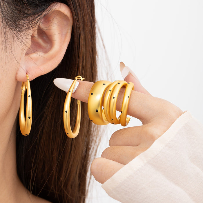 Elegant Korean Brushed Gold Alloy Hoop Earrings With Black Polka Dot Accents, Minimalist Statement Earrings