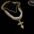 French Vintage Faux Pearl Multi Layer Cross Pendant Necklace With Rhinestone Geometric Charm view 2