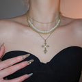French Vintage Faux Pearl Multi Layer Cross Pendant Necklace With Rhinestone Geometric Charm view 1
