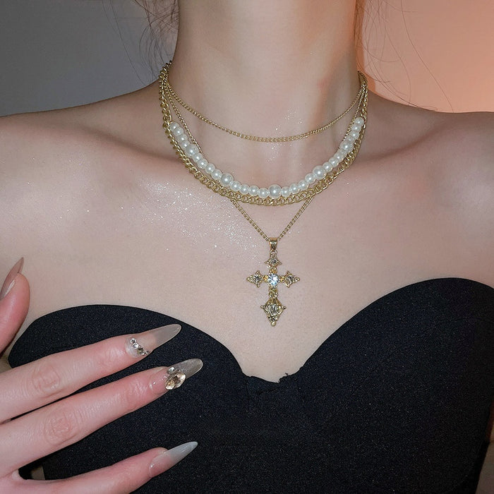 French Vintage Faux Pearl Multi Layer Cross Pendant Necklace With Rhinestone Geometric Charm