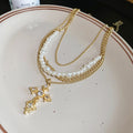 French Vintage Faux Pearl Multi Layer Cross Pendant Necklace With Rhinestone Geometric Charm view 4
