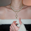 French Vintage Faux Pearl Multi Layer Cross Pendant Necklace With Rhinestone Geometric Charm view 3