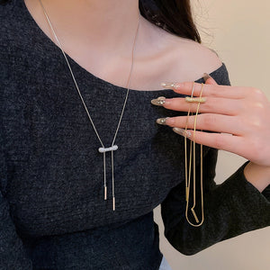18K Gold Plated Copper Zircon Oval Pendant Sweater Necklace Korean Light Luxury Clavicle Chain