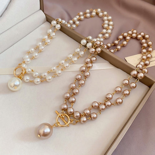 Old Money Style Layered Faux Pearl Toggle Clasp Necklace For Women Elegant Round Geometric Choker