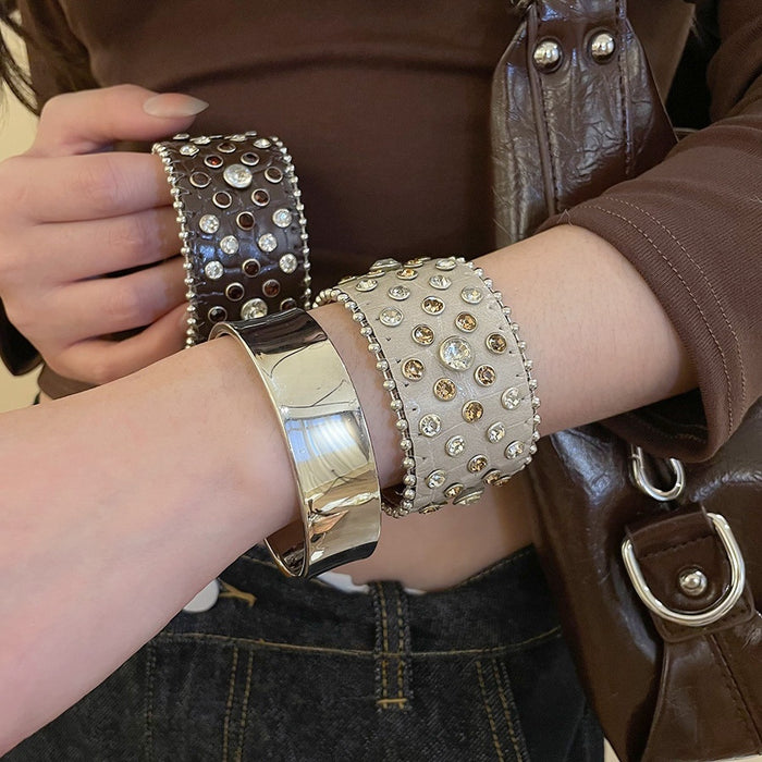 Hip Hop Faux Leather Rhinestone Studded Bangle, Bold Round Punk Sweet Cool Wrist Jewelry