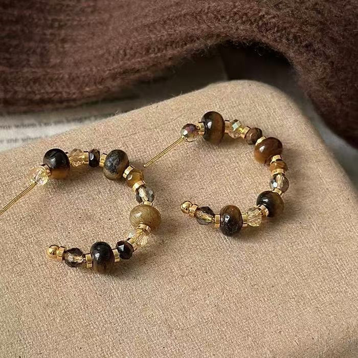 Maillard Style 16K Gold Plated Tiger Eye C-Shaped Stud Hoop Earrings With Silver Posts