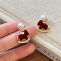 18K Gold Plated Faux Pearl Horse Stud Earrings With Silver Needle Red Zodiac Light Luxury Style view 1