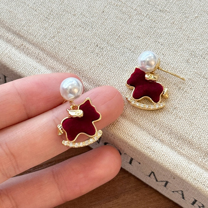 18K Gold Plated Faux Pearl Horse Stud Earrings With Silver Needle Red Zodiac Light Luxury Style
